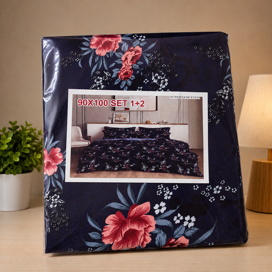 Navy Blue Rose Floral Double Bedsheet (90×100 inches)