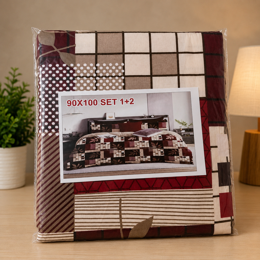 Geometric Patchwork Double Bedsheet Set – 90×100 | Set of 1+2