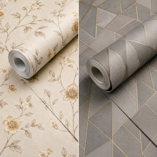Textured vinyl wallpaper with vintage floral and geometric designs
