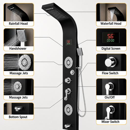Matte black digital shower panel with LED temperature display and body jets