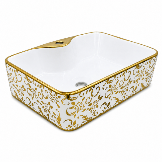 Luxury rectangular ceramic vessel sink with gold floral filigree design